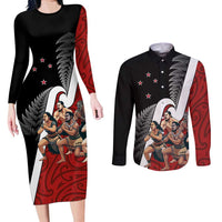 New Zealand Te Matatini Couples Matching Long Sleeve Bodycon Dress and Long Sleeve Button Shirt Kapa Haka and Silver Fern - Maori Art Pattern