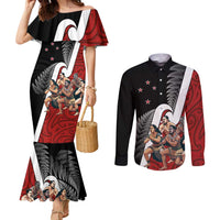New Zealand Te Matatini Couples Matching Mermaid Dress and Long Sleeve Button Shirt Kapa Haka and Silver Fern - Maori Art Pattern