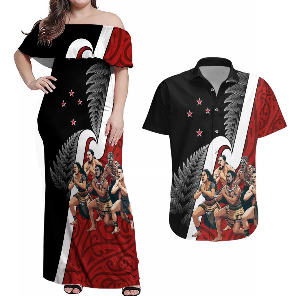 New Zealand Te Matatini Couples Matching Off Shoulder Maxi Dress and Hawaiian Shirt Kapa Haka and Silver Fern - Maori Art Pattern