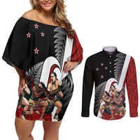 New Zealand Te Matatini Couples Matching Off Shoulder Short Dress and Long Sleeve Button Shirt Kapa Haka and Silver Fern - Maori Art Pattern