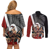 New Zealand Te Matatini Couples Matching Off Shoulder Short Dress and Long Sleeve Button Shirt Kapa Haka and Silver Fern - Maori Art Pattern