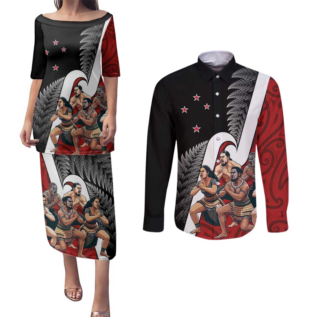 New Zealand Te Matatini Couples Matching Puletasi and Long Sleeve Button Shirt Kapa Haka and Silver Fern - Maori Art Pattern