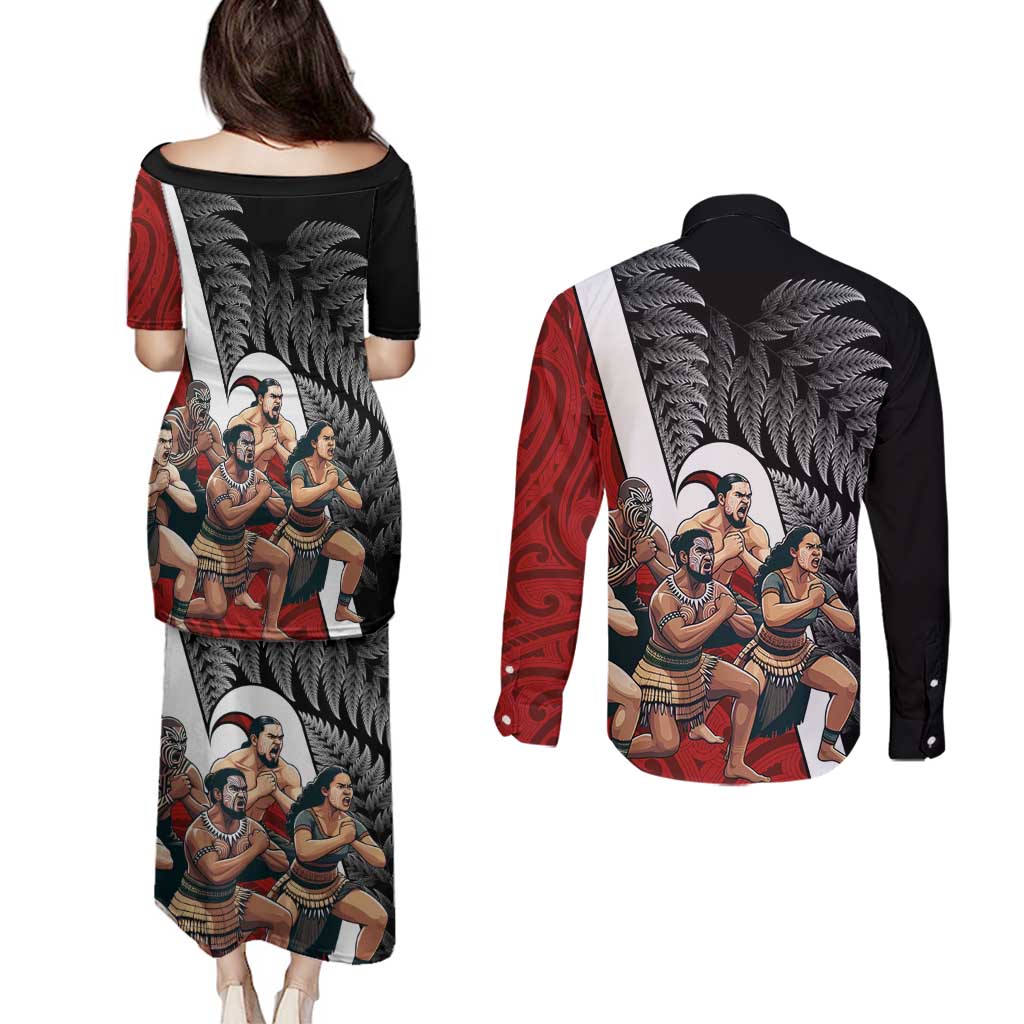 New Zealand Te Matatini Couples Matching Puletasi and Long Sleeve Button Shirt Kapa Haka and Silver Fern - Maori Art Pattern