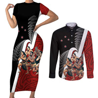 New Zealand Te Matatini Couples Matching Short Sleeve Bodycon Dress and Long Sleeve Button Shirt Kapa Haka and Silver Fern - Maori Art Pattern