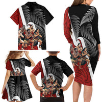 New Zealand Te Matatini Family Matching Long Sleeve Bodycon Dress and Hawaiian Shirt Kapa Haka and Silver Fern - Maori Art Pattern
