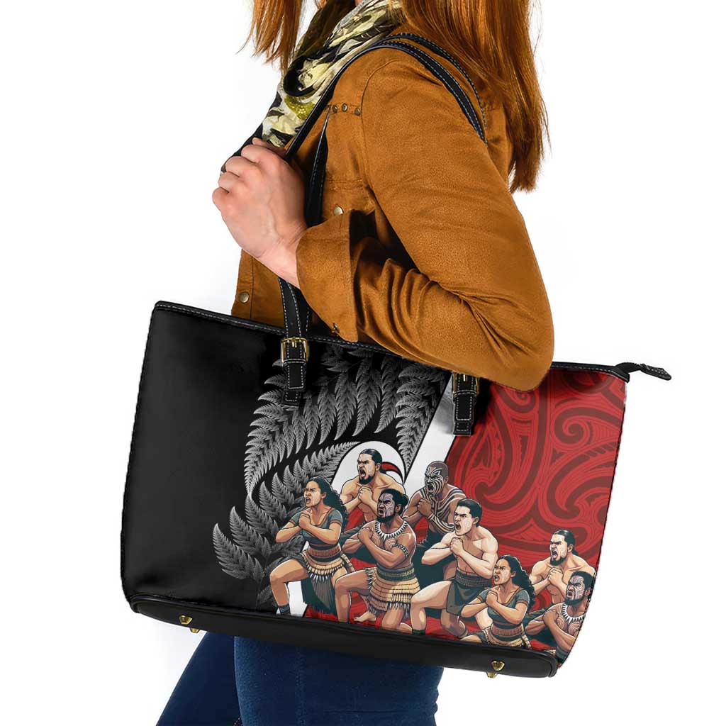 New Zealand Te Matatini Leather Tote Bag Kapa Haka and Silver Fern - Maori Art Pattern