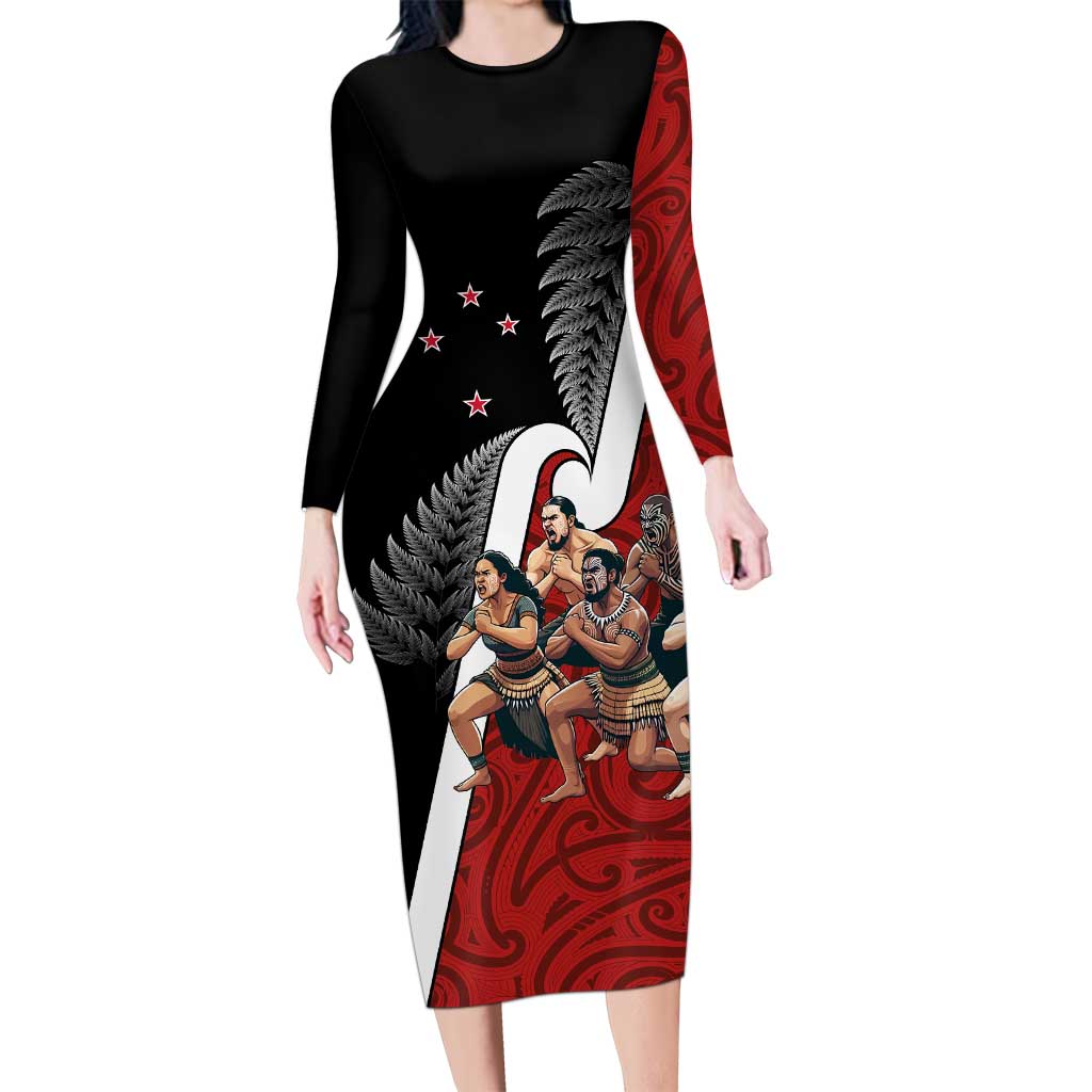 New Zealand Te Matatini Long Sleeve Bodycon Dress Kapa Haka and Silver Fern - Maori Art Pattern