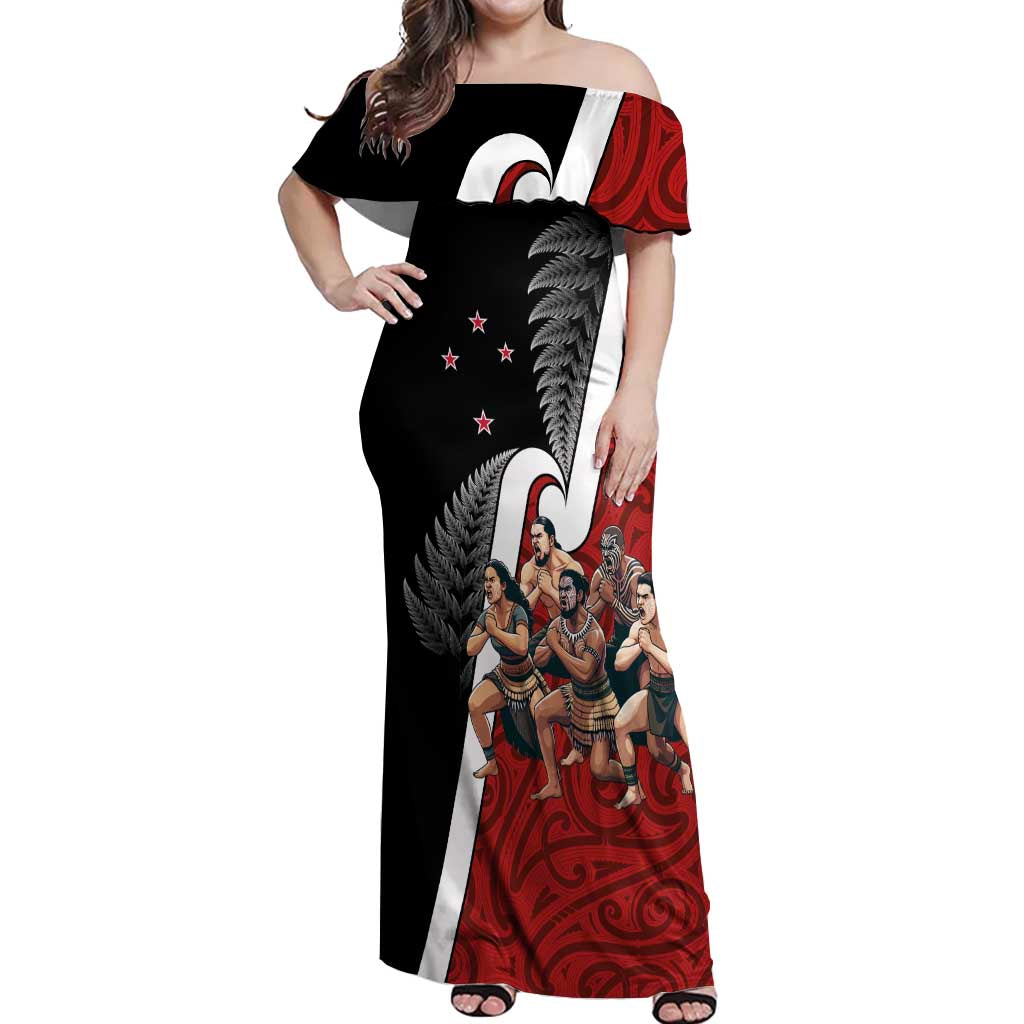 New Zealand Te Matatini Off Shoulder Maxi Dress Kapa Haka and Silver Fern - Maori Art Pattern