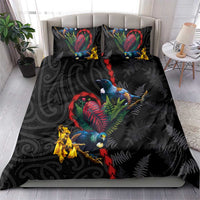 New Zealand Tui Birds Love Couple Bedding Set The Heart of Silver Fern Leaves and Maori Tattoo Pattern