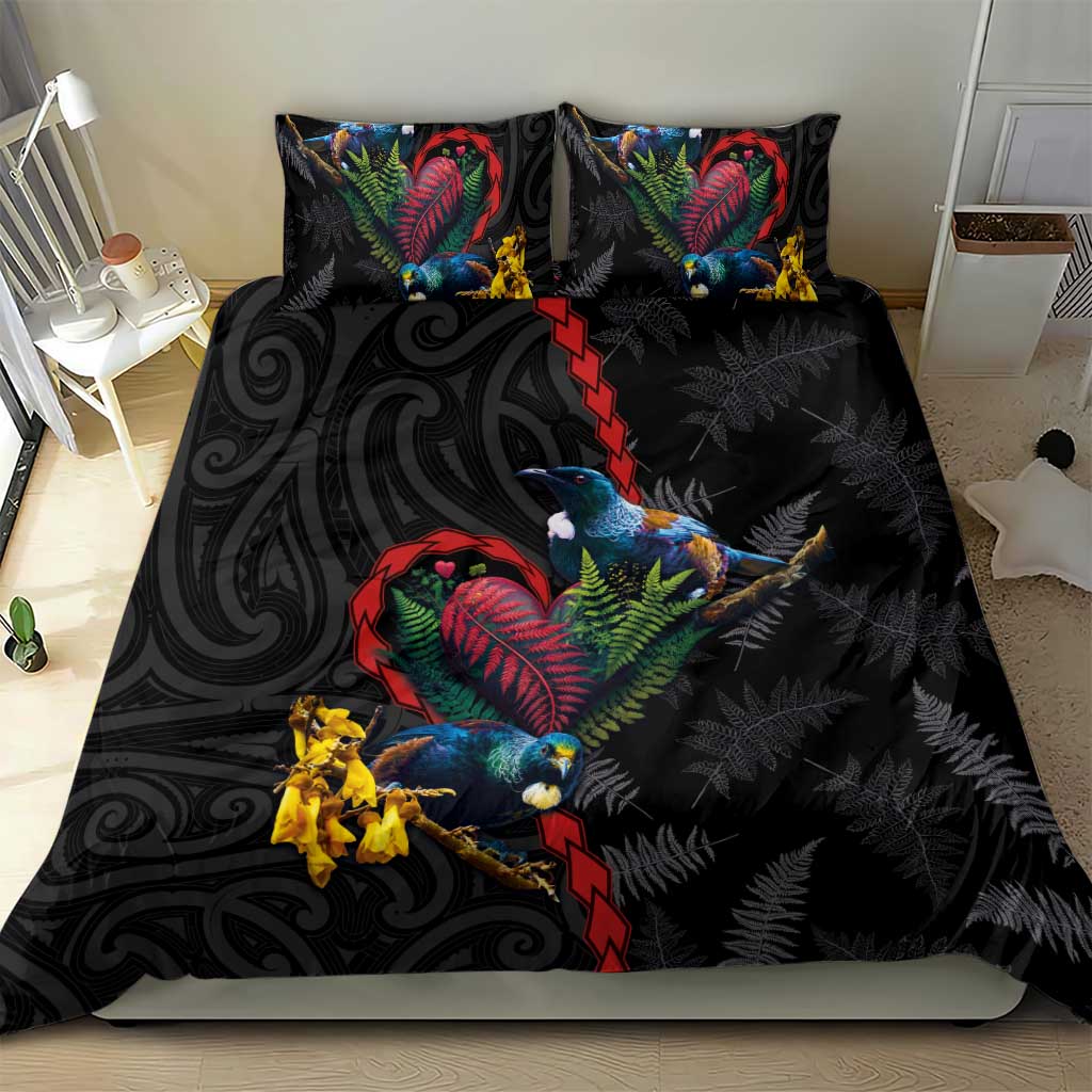 New Zealand Tui Birds Love Couple Bedding Set The Heart of Silver Fern Leaves and Maori Tattoo Pattern