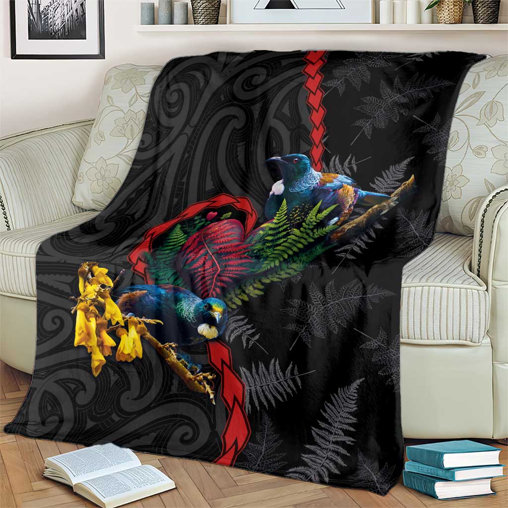 New Zealand Tui Birds Love Couple Blanket The Heart of Silver Fern Leaves and Maori Tattoo Pattern