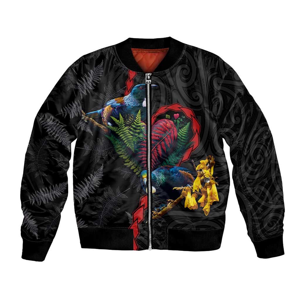 New Zealand Tui Birds Love Couple Bomber Jacket The Heart of Silver Fern Leaves and Maori Tattoo Pattern LT03 Unisex Black - Polynesian Pride