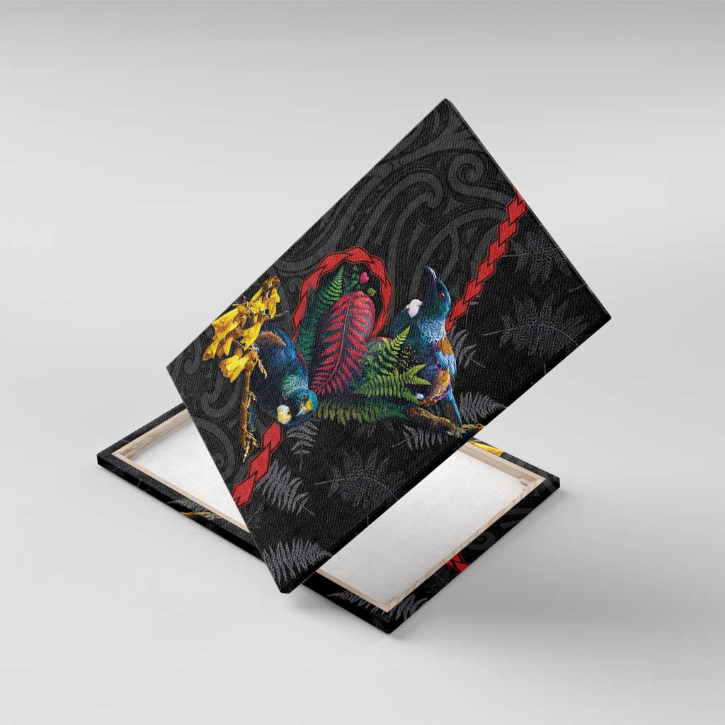 New Zealand Tui Birds Love Couple Canvas Wall Art The Heart of Silver Fern Leaves and Maori Tattoo Pattern LT03 With Frame Black - Polynesian Pride