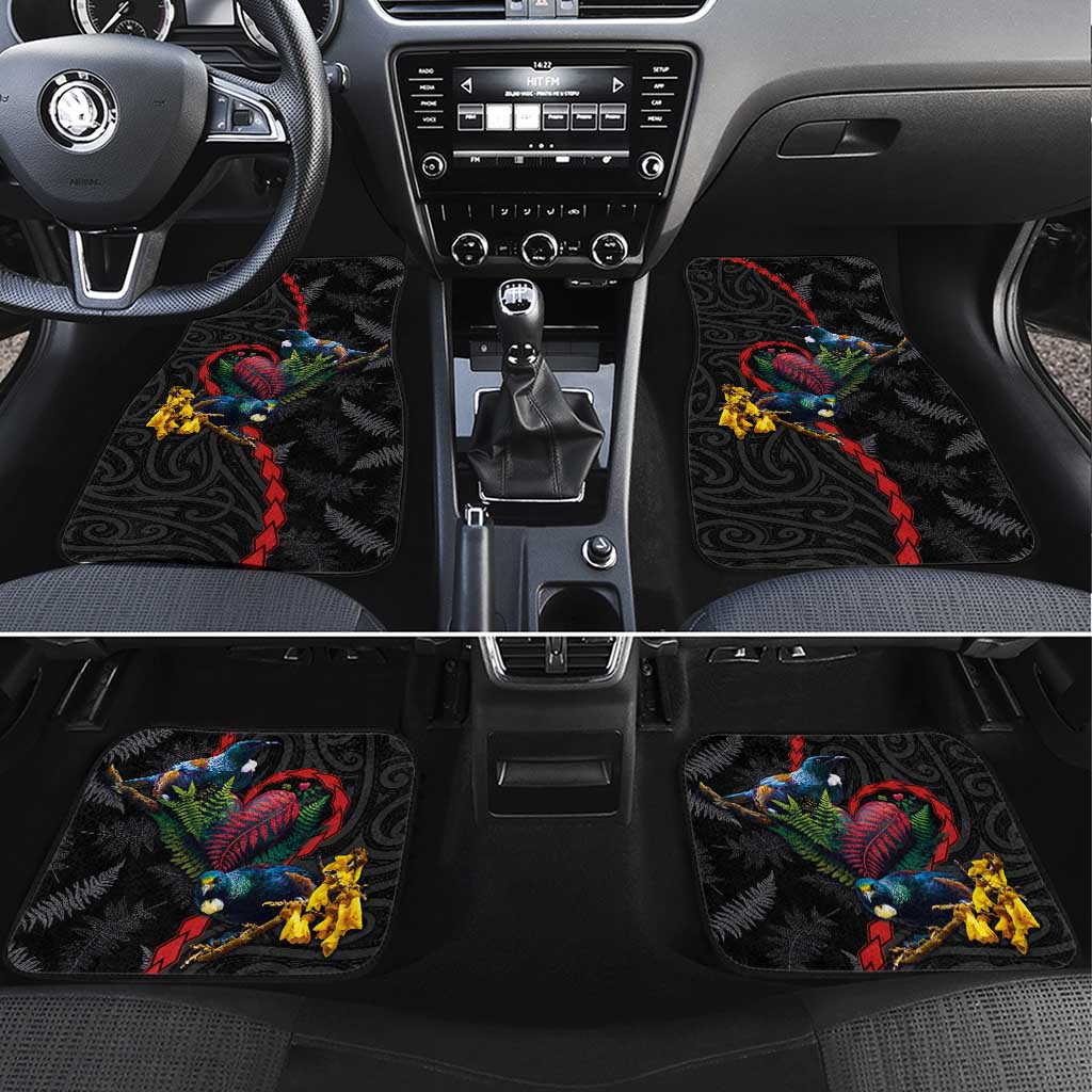 New Zealand Tui Birds Love Couple Car Mats The Heart of Silver Fern Leaves and Maori Tattoo Pattern