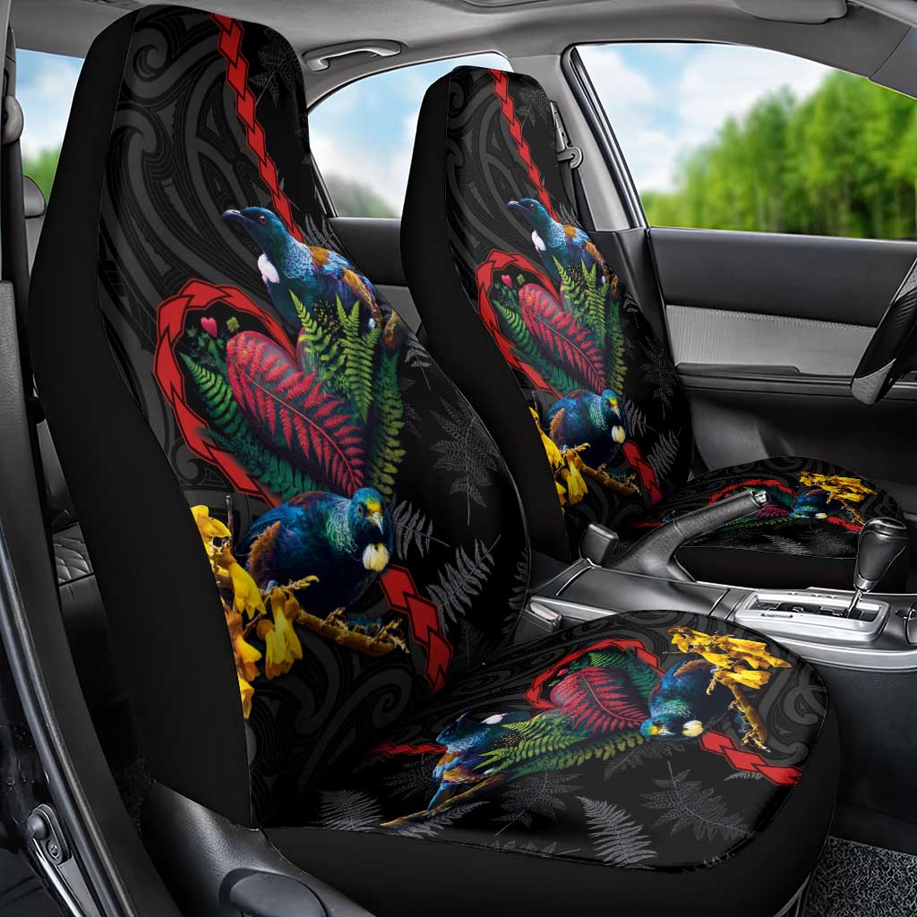 New Zealand Tui Birds Love Couple Car Seat Cover The Heart of Silver Fern Leaves and Maori Tattoo Pattern