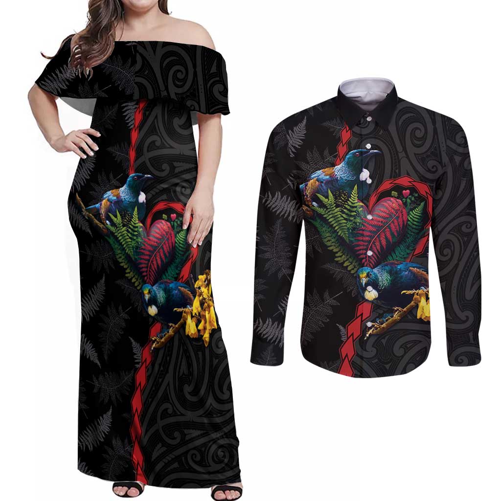 New Zealand Tui Birds Love Couple Couples Matching Off Shoulder Maxi Dress and Long Sleeve Button Shirt The Heart of Silver Fern Leaves and Maori Tattoo Pattern