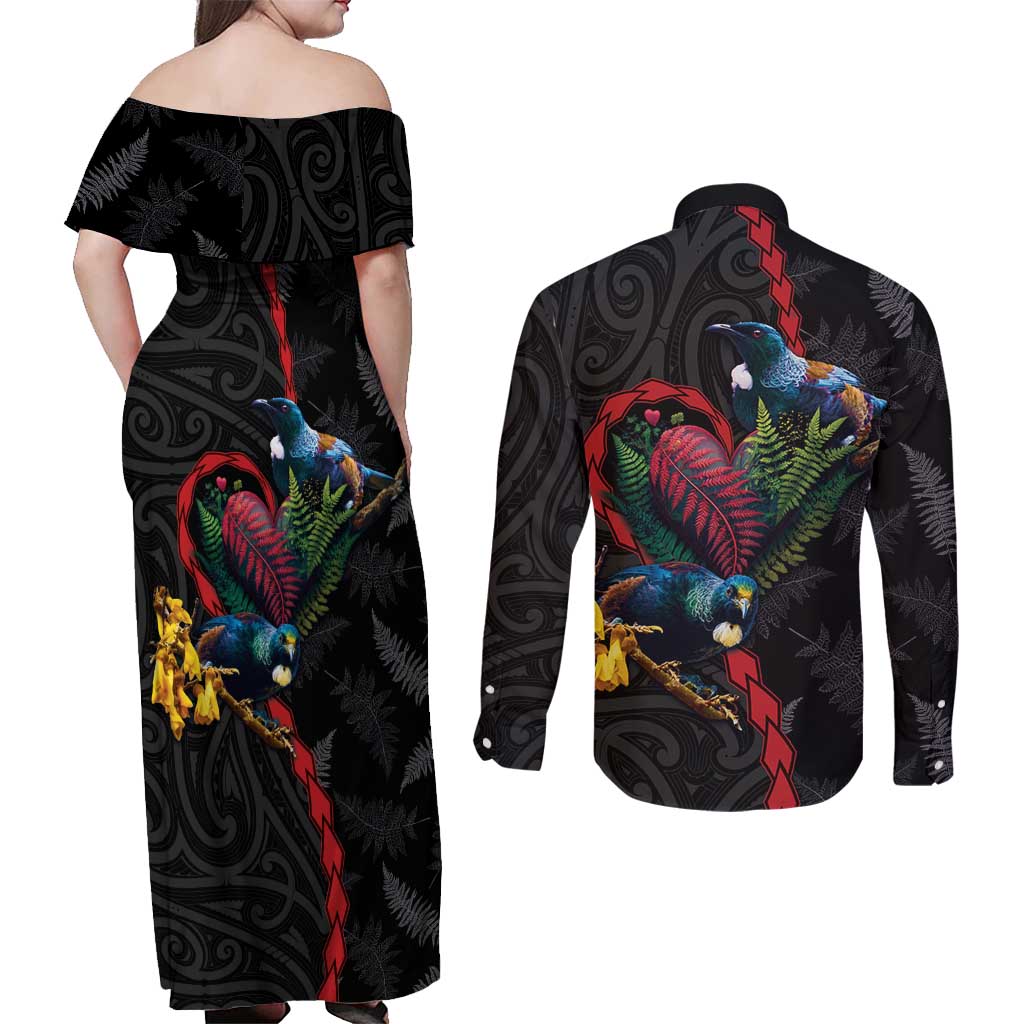 New Zealand Tui Birds Love Couple Couples Matching Off Shoulder Maxi Dress and Long Sleeve Button Shirt The Heart of Silver Fern Leaves and Maori Tattoo Pattern