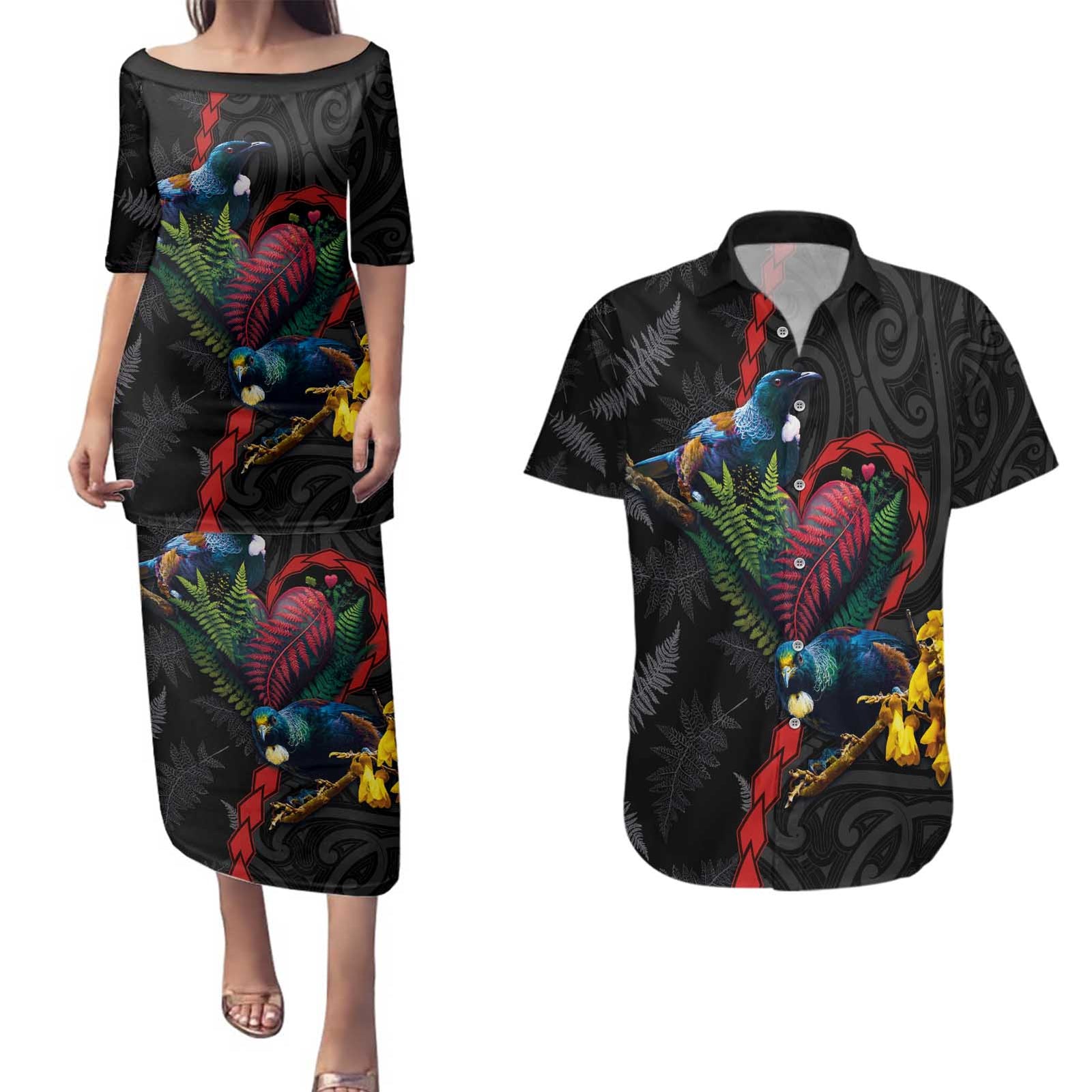 New Zealand Tui Birds Love Couple Couples Matching Puletasi and Hawaiian Shirt The Heart of Silver Fern Leaves and Maori Tattoo Pattern