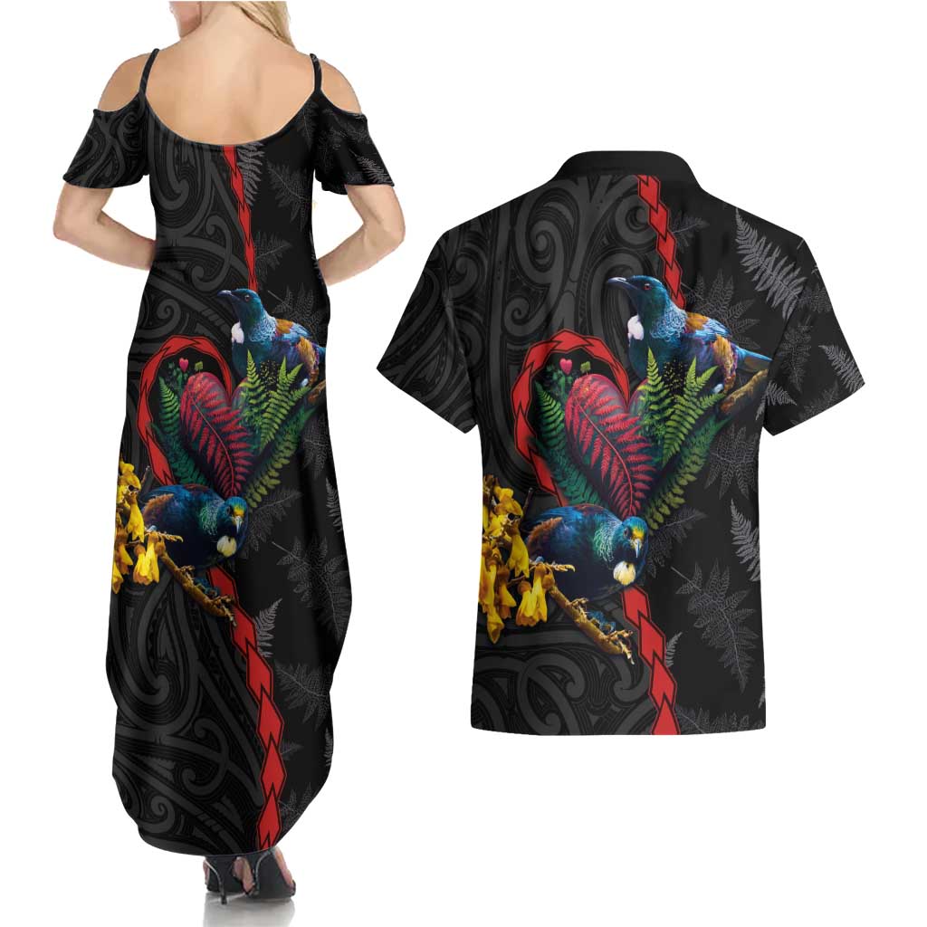 New Zealand Tui Birds Love Couple Couples Matching Summer Maxi Dress and Hawaiian Shirt The Heart of Silver Fern Leaves and Maori Tattoo Pattern