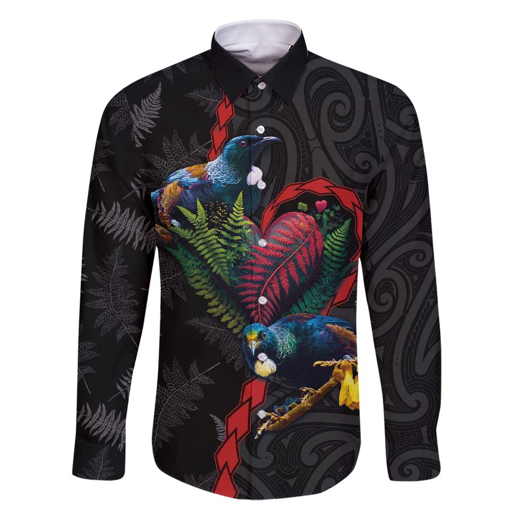 New Zealand Tui Birds Love Couple Family Matching Short Sleeve Bodycon Dress and Hawaiian Shirt The Heart of Silver Fern Leaves and Maori Tattoo Pattern
