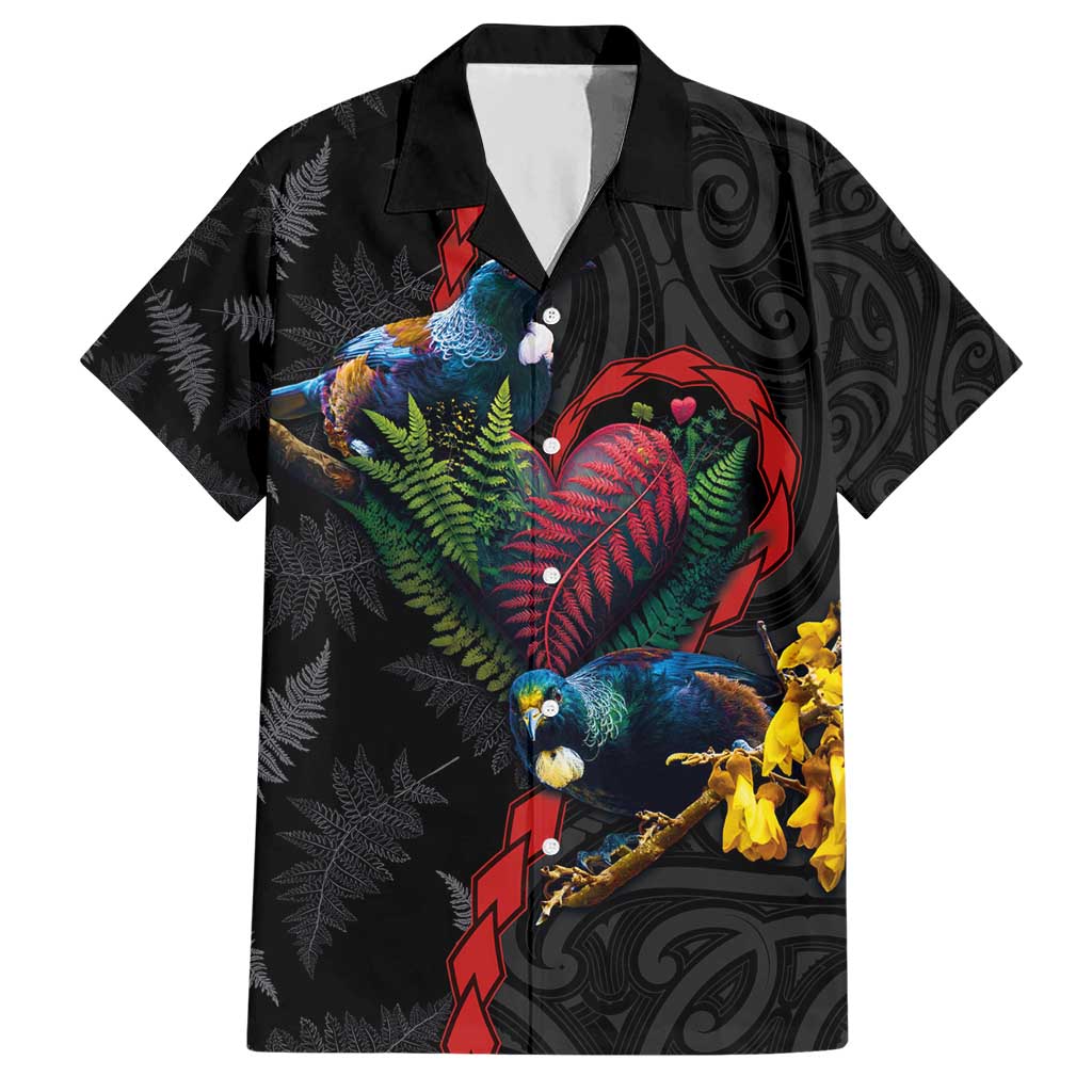New Zealand Tui Birds Love Couple Hawaiian Shirt The Heart of Silver Fern Leaves and Maori Tattoo Pattern