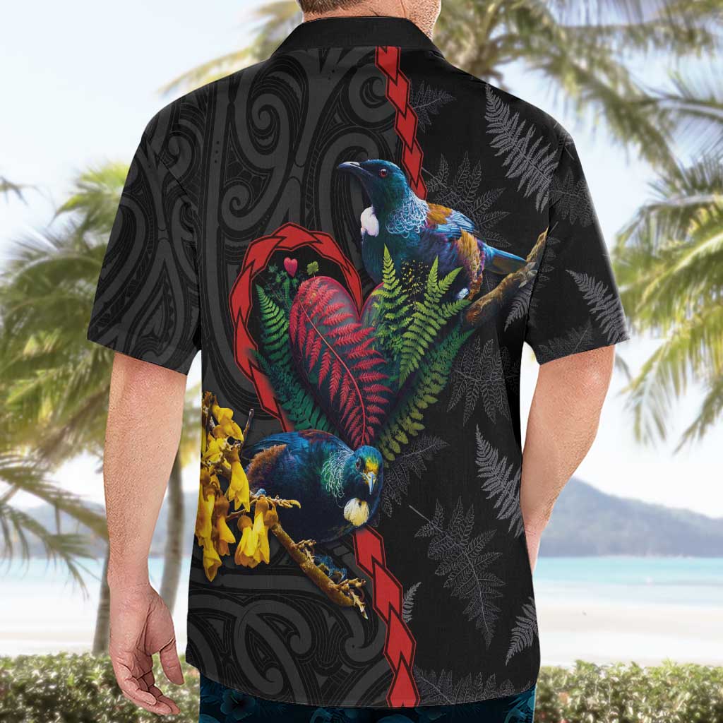 New Zealand Tui Birds Love Couple Hawaiian Shirt The Heart of Silver Fern Leaves and Maori Tattoo Pattern
