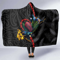 New Zealand Tui Birds Love Couple Hooded Blanket The Heart of Silver Fern Leaves and Maori Tattoo Pattern