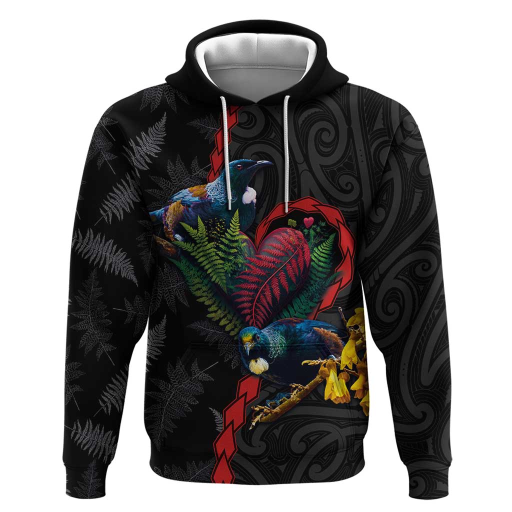 New Zealand Tui Birds Love Couple Hoodie The Heart of Silver Fern Leaves and Maori Tattoo Pattern