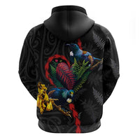 New Zealand Tui Birds Love Couple Hoodie The Heart of Silver Fern Leaves and Maori Tattoo Pattern