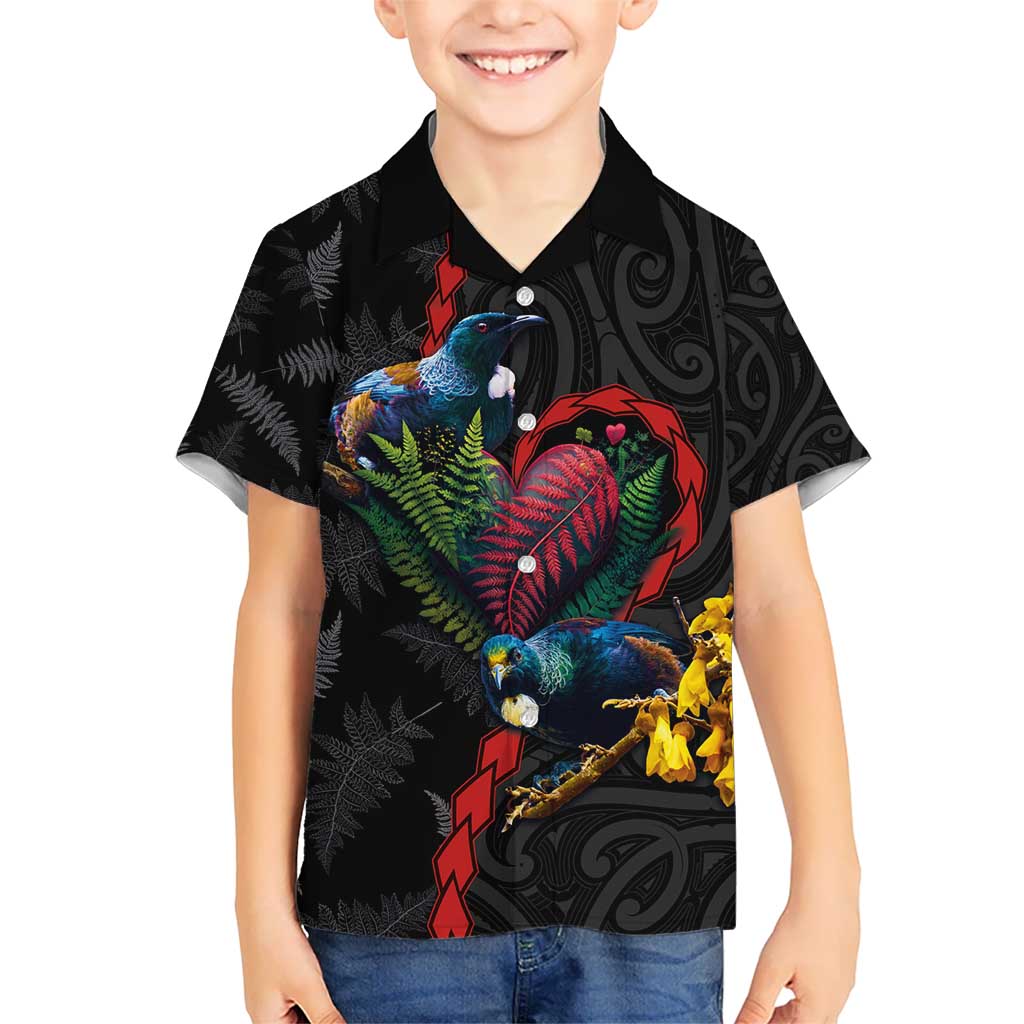 New Zealand Tui Birds Love Couple Kid Hawaiian Shirt The Heart of Silver Fern Leaves and Maori Tattoo Pattern