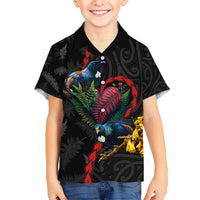 New Zealand Tui Birds Love Couple Kid Hawaiian Shirt The Heart of Silver Fern Leaves and Maori Tattoo Pattern