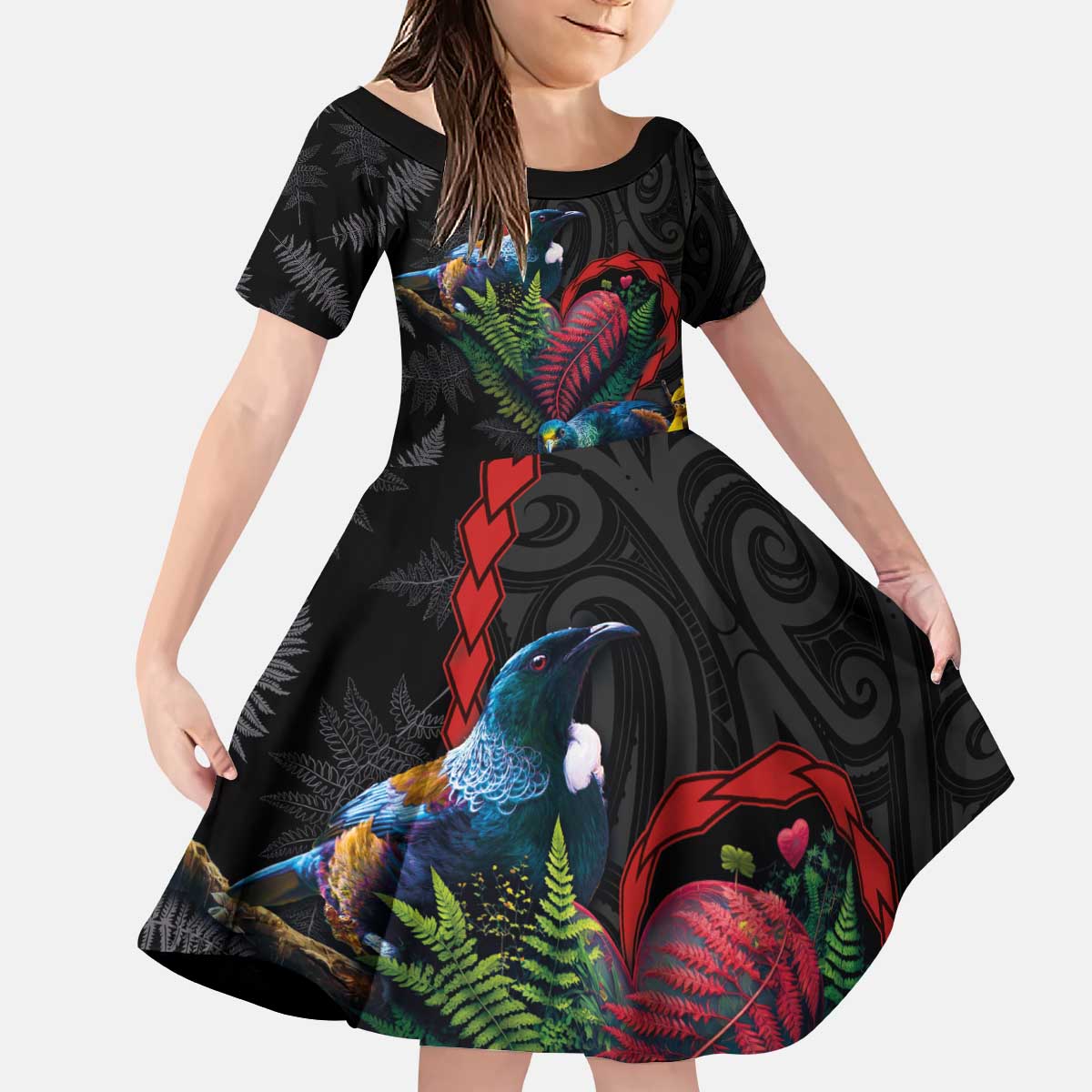 New Zealand Tui Birds Love Couple Kid Short Sleeve Dress The Heart of Silver Fern Leaves and Maori Tattoo Pattern