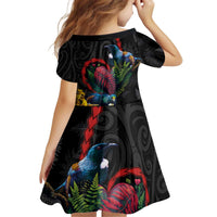 New Zealand Tui Birds Love Couple Kid Short Sleeve Dress The Heart of Silver Fern Leaves and Maori Tattoo Pattern LT03 - Polynesian Pride