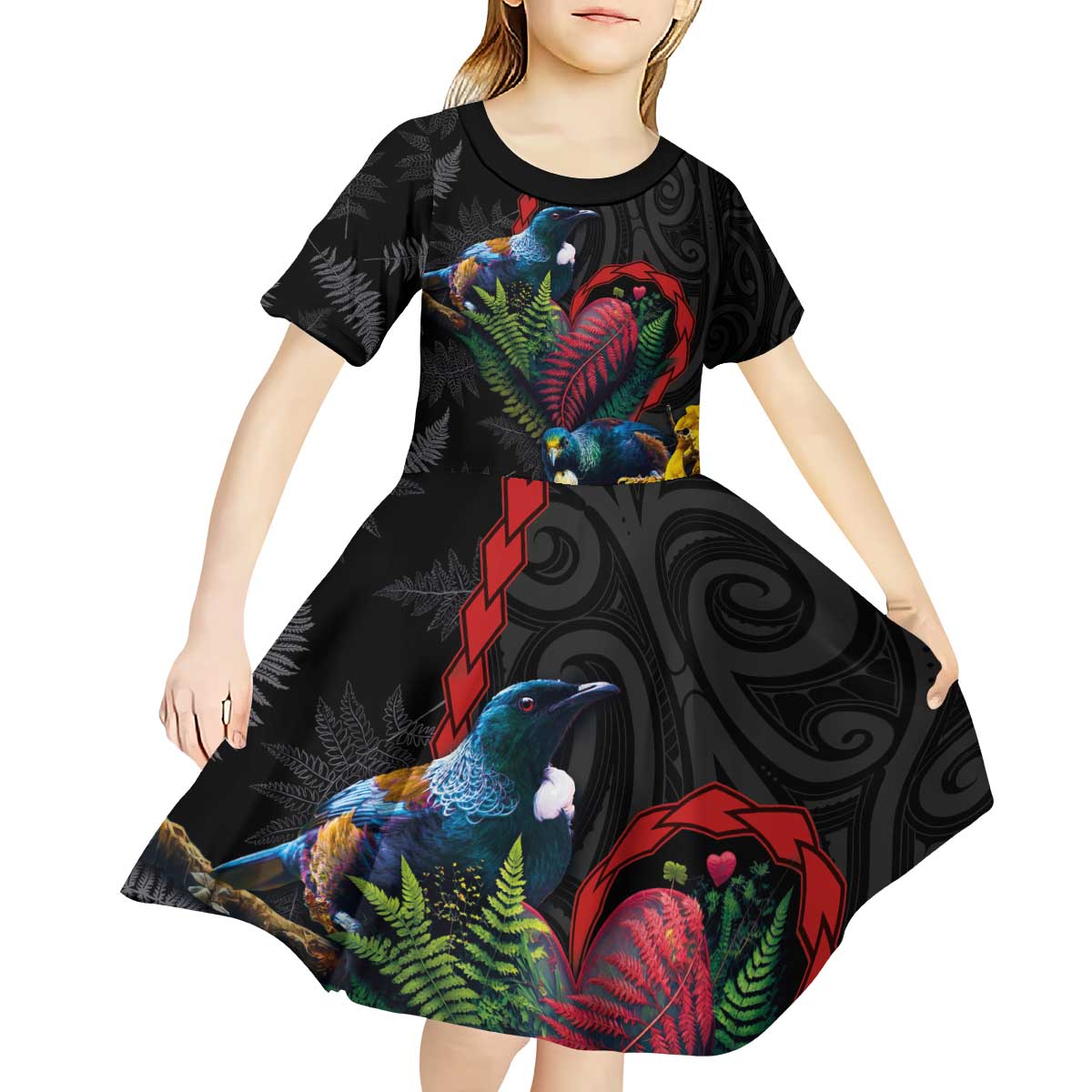 New Zealand Tui Birds Love Couple Kid Short Sleeve Dress The Heart of Silver Fern Leaves and Maori Tattoo Pattern LT03 - Polynesian Pride