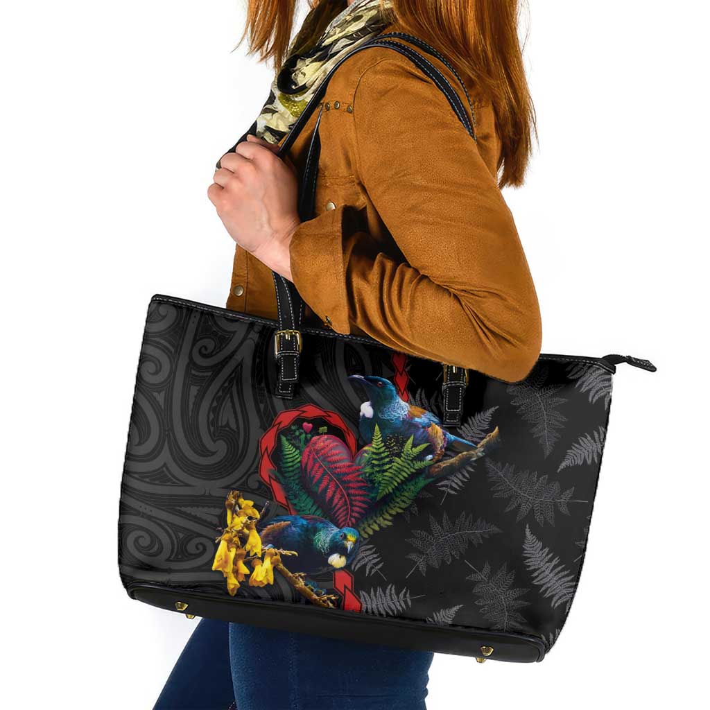 New Zealand Tui Birds Love Couple Leather Tote Bag The Heart of Silver Fern Leaves and Maori Tattoo Pattern