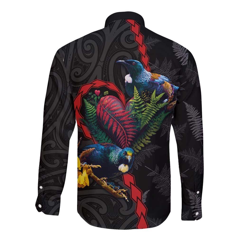 New Zealand Tui Birds Love Couple Long Sleeve Button Shirt The Heart of Silver Fern Leaves and Maori Tattoo Pattern
