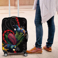 New Zealand Tui Birds Love Couple Luggage Cover The Heart of Silver Fern Leaves and Maori Tattoo Pattern