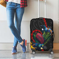 New Zealand Tui Birds Love Couple Luggage Cover The Heart of Silver Fern Leaves and Maori Tattoo Pattern