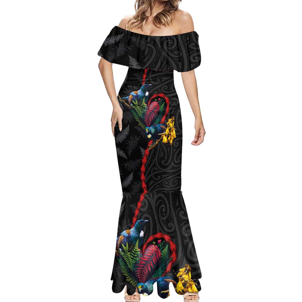 New Zealand Tui Birds Love Couple Mermaid Dress The Heart of Silver Fern Leaves and Maori Tattoo Pattern LT03 - Polynesian Pride