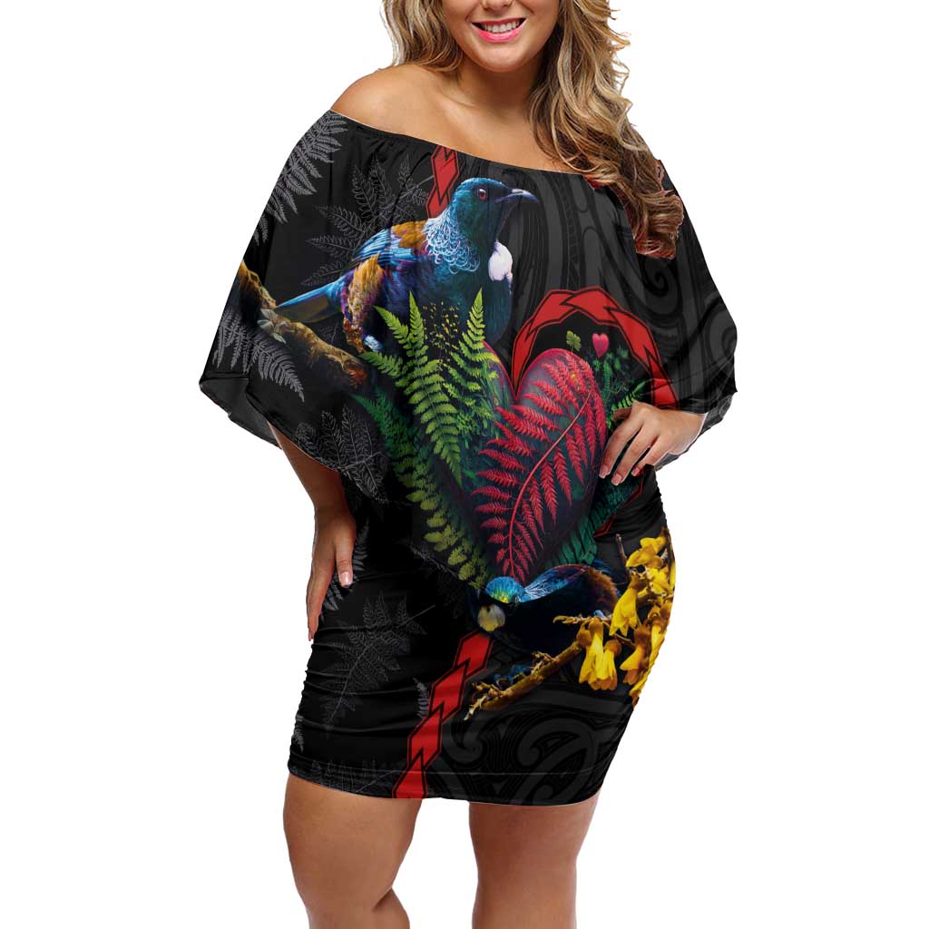 New Zealand Tui Birds Love Couple Off Shoulder Short Dress The Heart of Silver Fern Leaves and Maori Tattoo Pattern