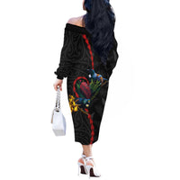 New Zealand Tui Birds Love Couple Off The Shoulder Long Sleeve Dress The Heart of Silver Fern Leaves and Maori Tattoo Pattern LT03 - Polynesian Pride