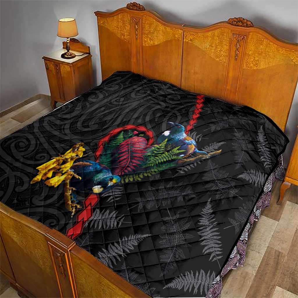 New Zealand Tui Birds Love Couple Quilt The Heart of Silver Fern Leaves and Maori Tattoo Pattern LT03 - Polynesian Pride