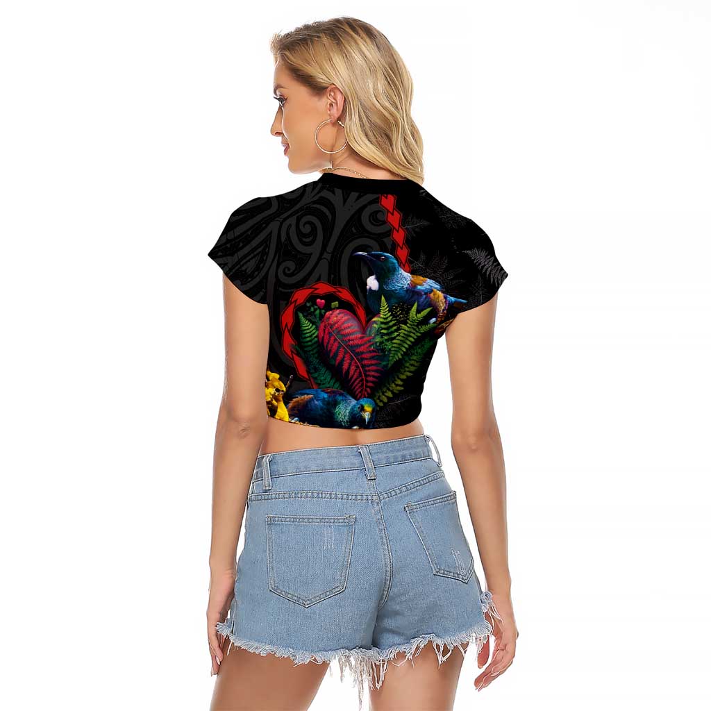 New Zealand Tui Birds Love Couple Raglan Cropped T Shirt The Heart of Silver Fern Leaves and Maori Tattoo Pattern LT03 - Polynesian Pride