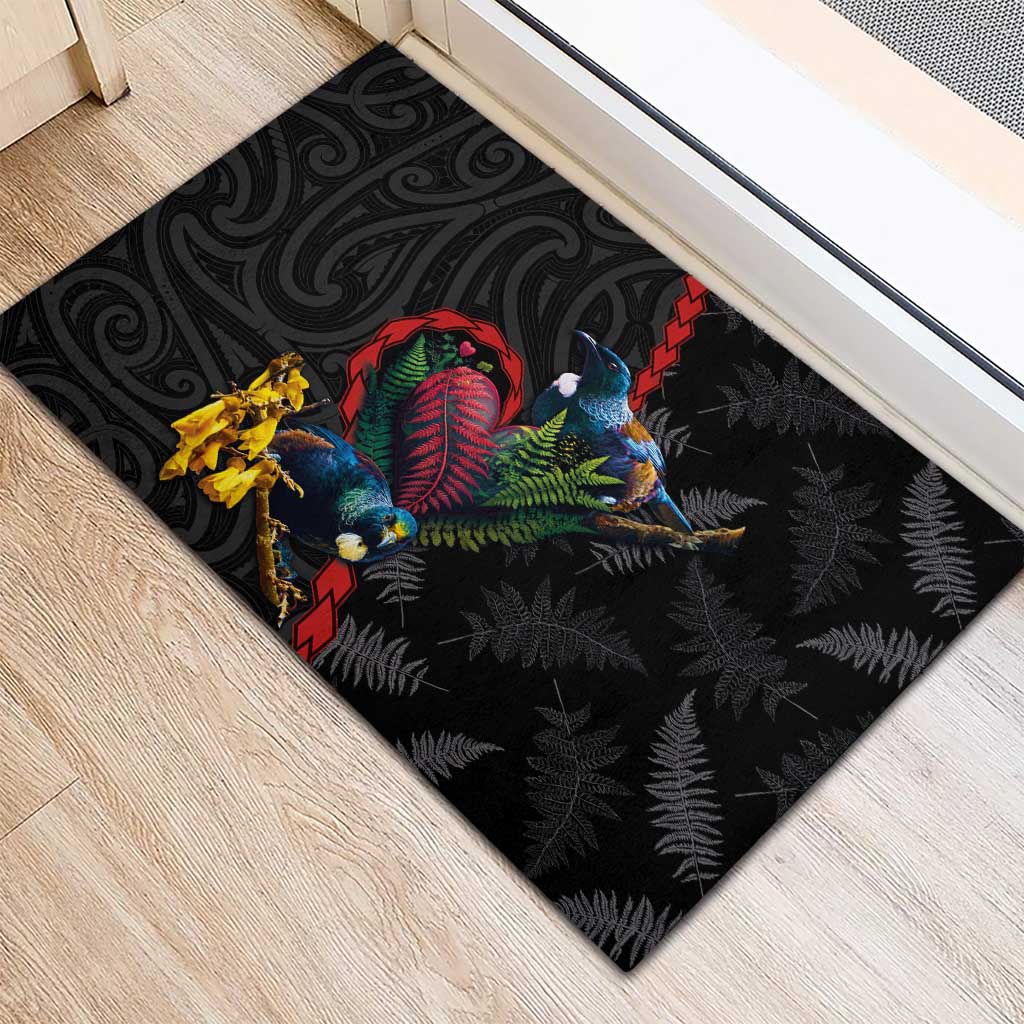 New Zealand Tui Birds Love Couple Rubber Doormat The Heart of Silver Fern Leaves and Maori Tattoo Pattern LT03 - Polynesian Pride