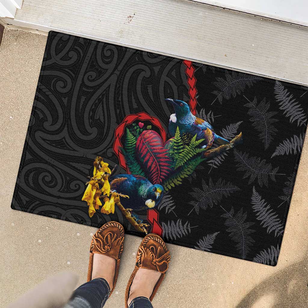 New Zealand Tui Birds Love Couple Rubber Doormat The Heart of Silver Fern Leaves and Maori Tattoo Pattern LT03 - Polynesian Pride