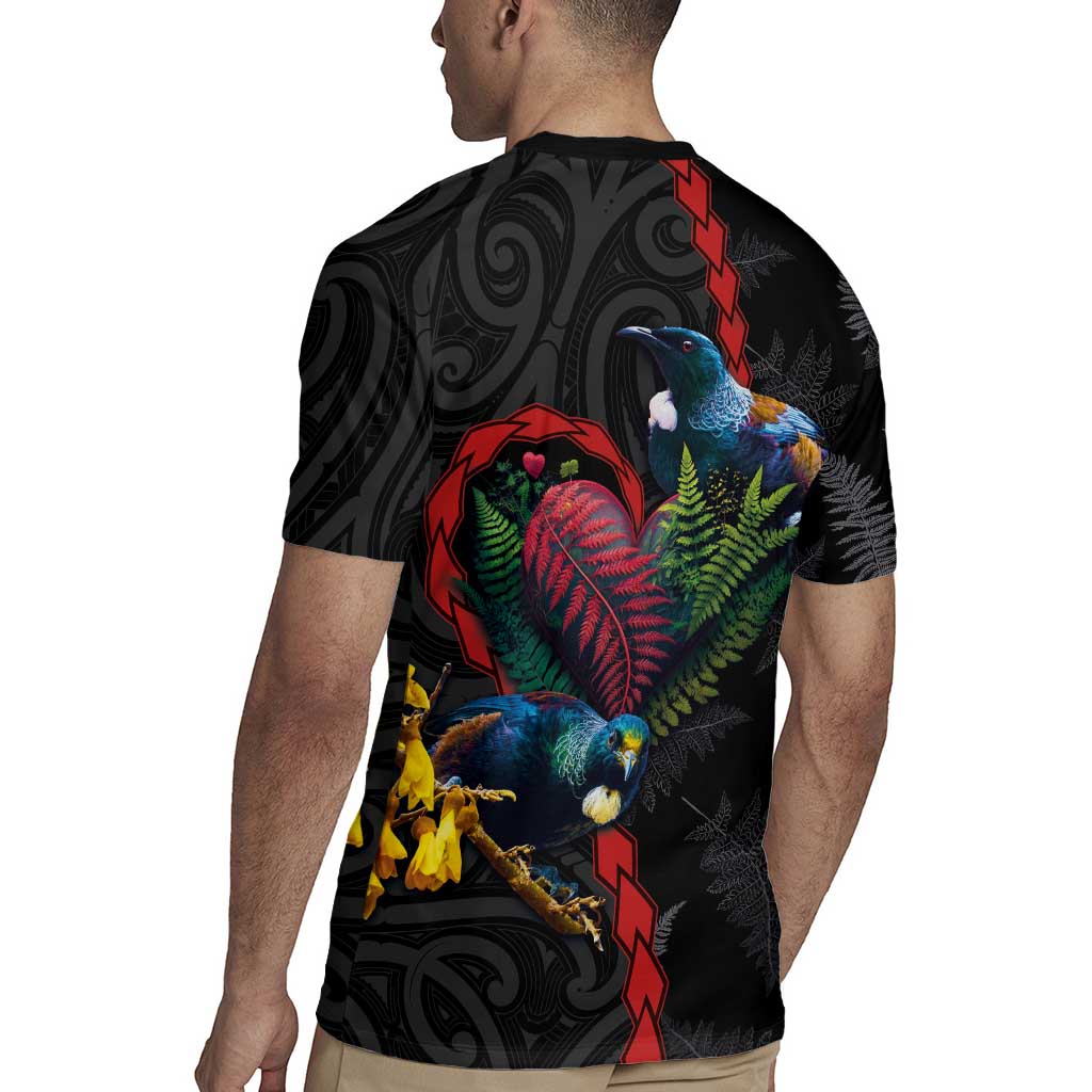 New Zealand Tui Birds Love Couple Rugby Jersey The Heart of Silver Fern Leaves and Maori Tattoo Pattern