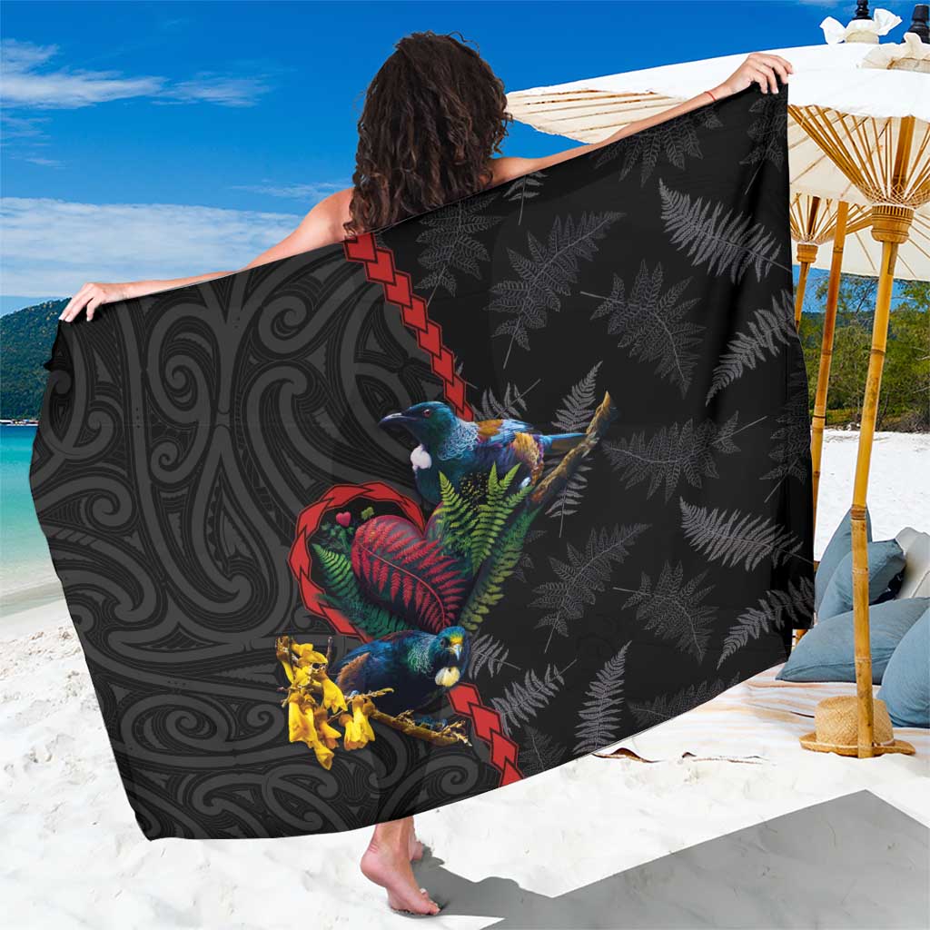 New Zealand Tui Birds Love Couple Sarong The Heart of Silver Fern Leaves and Maori Tattoo Pattern LT03 One Size 44 x 66 inches Black - Polynesian Pride
