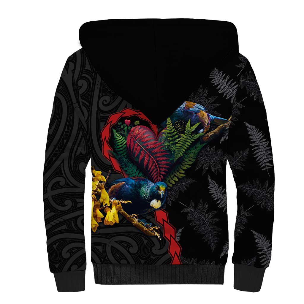 New Zealand Tui Birds Love Couple Sherpa Hoodie The Heart of Silver Fern Leaves and Maori Tattoo Pattern