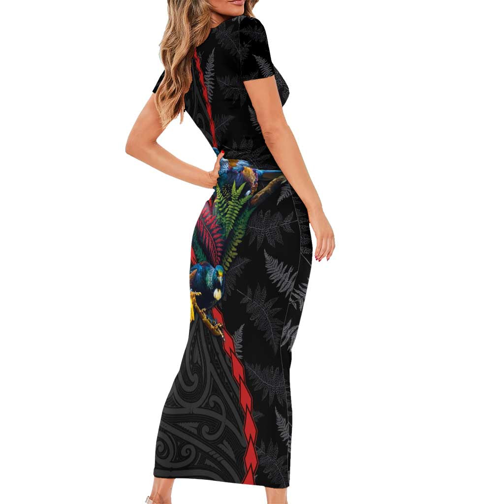 New Zealand Tui Birds Love Couple Short Sleeve Bodycon Dress The Heart of Silver Fern Leaves and Maori Tattoo Pattern LT03 - Polynesian Pride