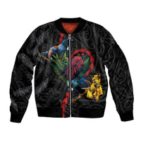 New Zealand Tui Birds Love Couple Sleeve Zip Bomber Jacket The Heart of Silver Fern Leaves and Maori Tattoo Pattern LT03 Unisex Black - Polynesian Pride
